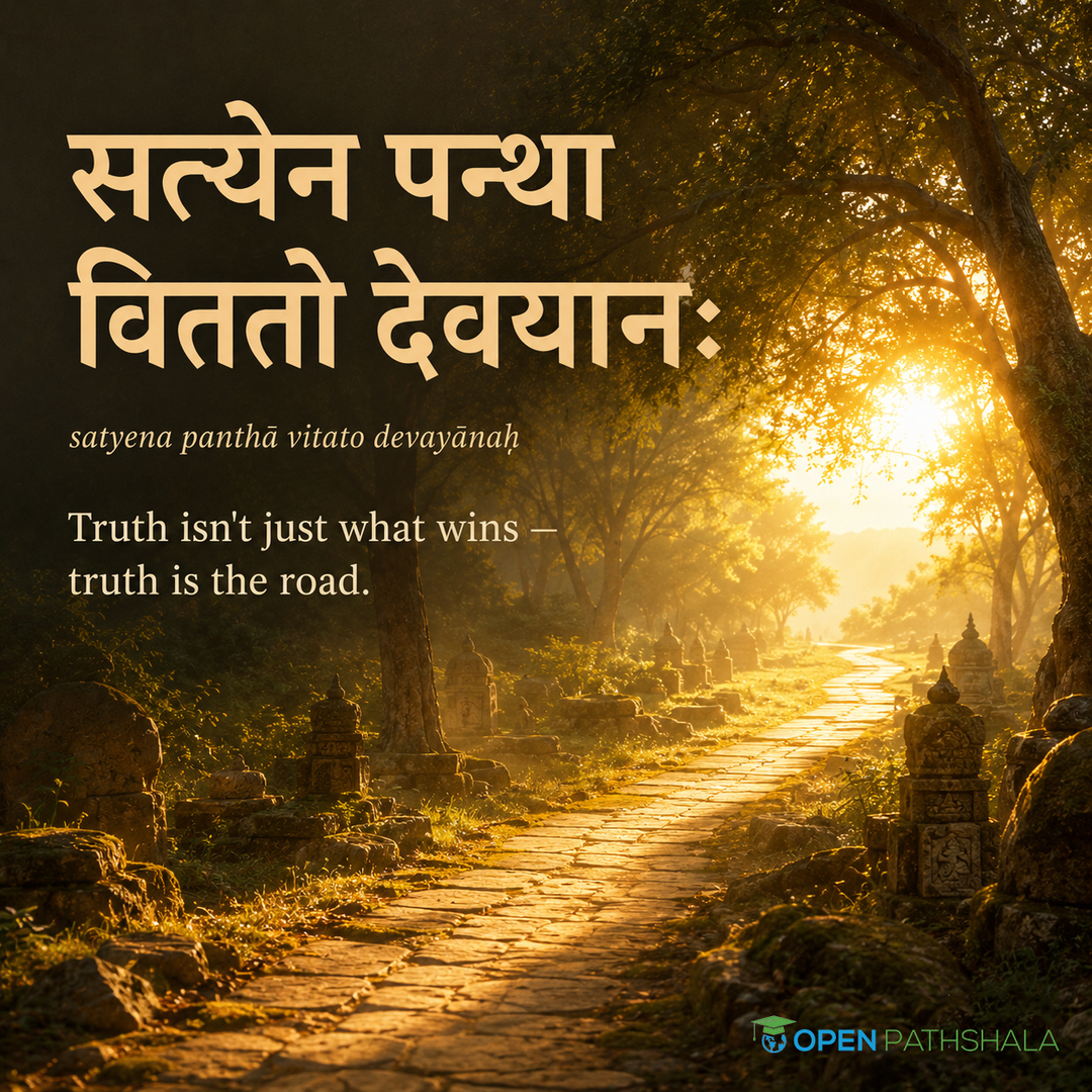 OpenPathshala's tweet photo. You've seen these four words your entire life. On the emblem. On every coin. On courtroom walls.

सत्यमेव जयते - "Truth alone triumphs."

What almost nobody's seen is the rest of the verse it was cut from - from the Mundaka Upanishad, written down more than 2,000 years before it became independent India's national motto in 1950.

The full verse doesn't stop at "truth wins." It says truth is a road - देवयानः, the path of the gods - the same road the sages walked, free of craving, all the way to ultimate reality itself.

सत्यमेव जयते नानृतं सत्येन पन्था विततो देवयानः।
येनाक्रमन्त्यृषयो ह्याप्तकामा यत्र तत् सत्यस्य परमं निधानम्॥

satyameva jayate nānṛtaṃ satyena panthā vitato devayānaḥ | yenākramantyṛṣayo hyāptakāmā yatra tat satyasya paramaṃ nidhānam ||

"Truth alone triumphs, not falsehood. Through truth the path of the gods lies spread out, by which sages who've attained their desires ascend to where that supreme treasure of truth rests."

सत्य की ही विजय होती है, असत्य की नहीं। सत्य के द्वारा ही देवयान मार्ग फैला हुआ है, जिससे इच्छारहित ऋषि सत्य के परम निधान तक पहुँचते हैं।

So the emblem isn't quoting a moral. It's quoting a map.

Save this before you forget it. Send it to your friends so they understand where the line comes from! 🔖