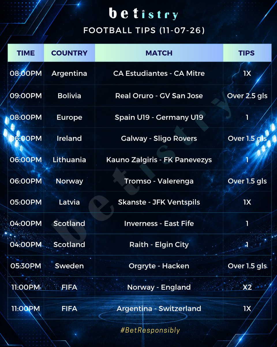 betistry's tweet photo. Football Tips 11-07-26. Let's go 🎉🎉💲💲💲💲💲🎉🎉
#sportsbettingpicks #bettingtips #melbet https://t.co/3otfJyNxVq