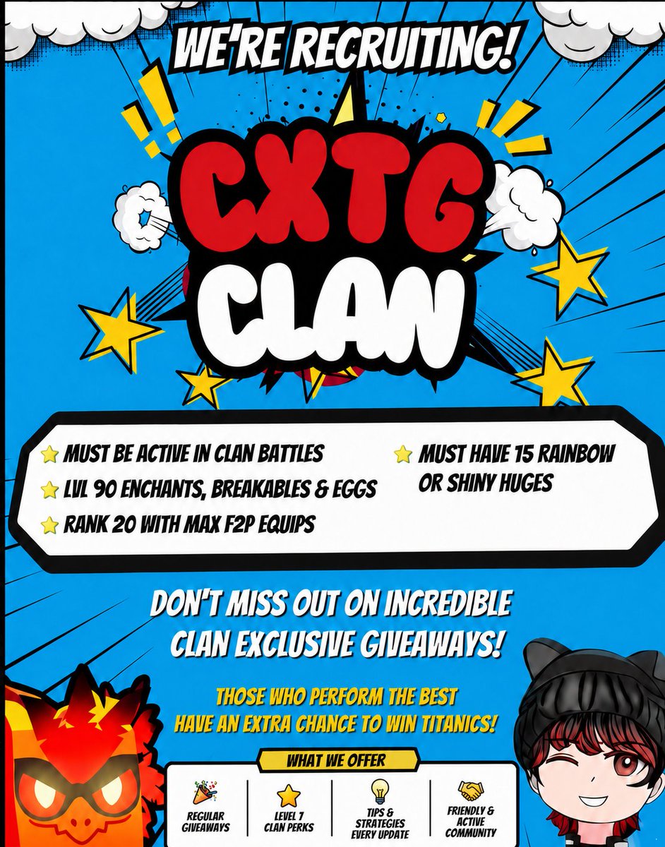 DanL18171506's tweet photo. π΄ Recruiting new members to our CXTG clan π΄
β¨ For applying Dm @CaptainX_TG or make an application ticket on our discord server β¨
Our discord server link π: https://t.co/AtyYHQuV3V
Reposts β»οΈ are appreciated for support π
#PetSimulator99 #petsim #ROBLOX #CXTGCLAN https://t.co/SVkx17ZWMk