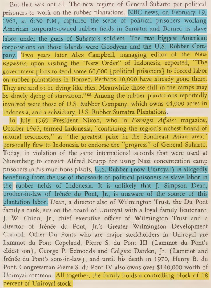 toxictiramisu's tweet photo. In 1963, DuPonts urged DC to expand corporate interests abroad. Days later, JFK was killed &amp; CIA backed the Indonesian coup that protected DuPont controlled rubber plantations. The regime killed 3M+ people &amp; used political prisoners as slave labor, benefiting DuPont shareholders. https://t.co/ApnQGxScMG