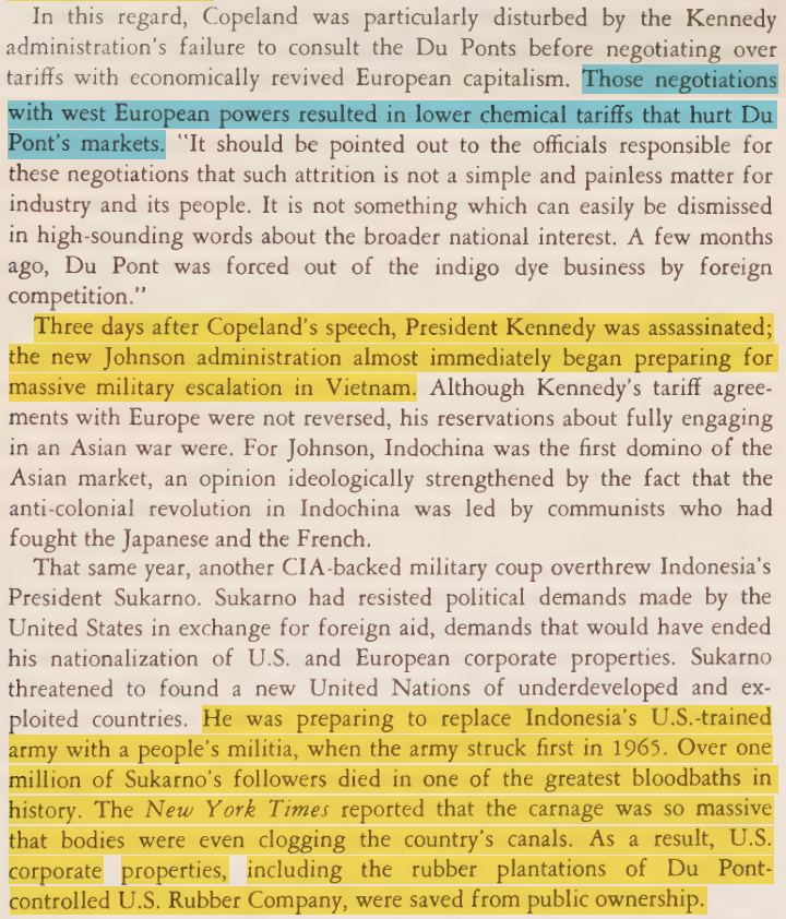 toxictiramisu's tweet photo. In 1963, DuPonts urged DC to expand corporate interests abroad. Days later, JFK was killed &amp; CIA backed the Indonesian coup that protected DuPont controlled rubber plantations. The regime killed 3M+ people &amp; used political prisoners as slave labor, benefiting DuPont shareholders. https://t.co/ApnQGxScMG