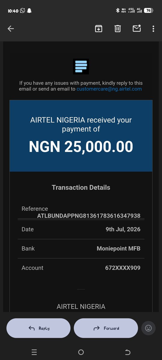 AwowoJude's tweet photo. Hello @AirtelNigeria
I paid #25,000 days back for an Airtel 5G Router and I have a receipt showing payment was successful.
But your agent said the payment is not showing on the dashboard so she can't assign me the router.
Receipt and details are attached. https://t.co/E82voppgY6