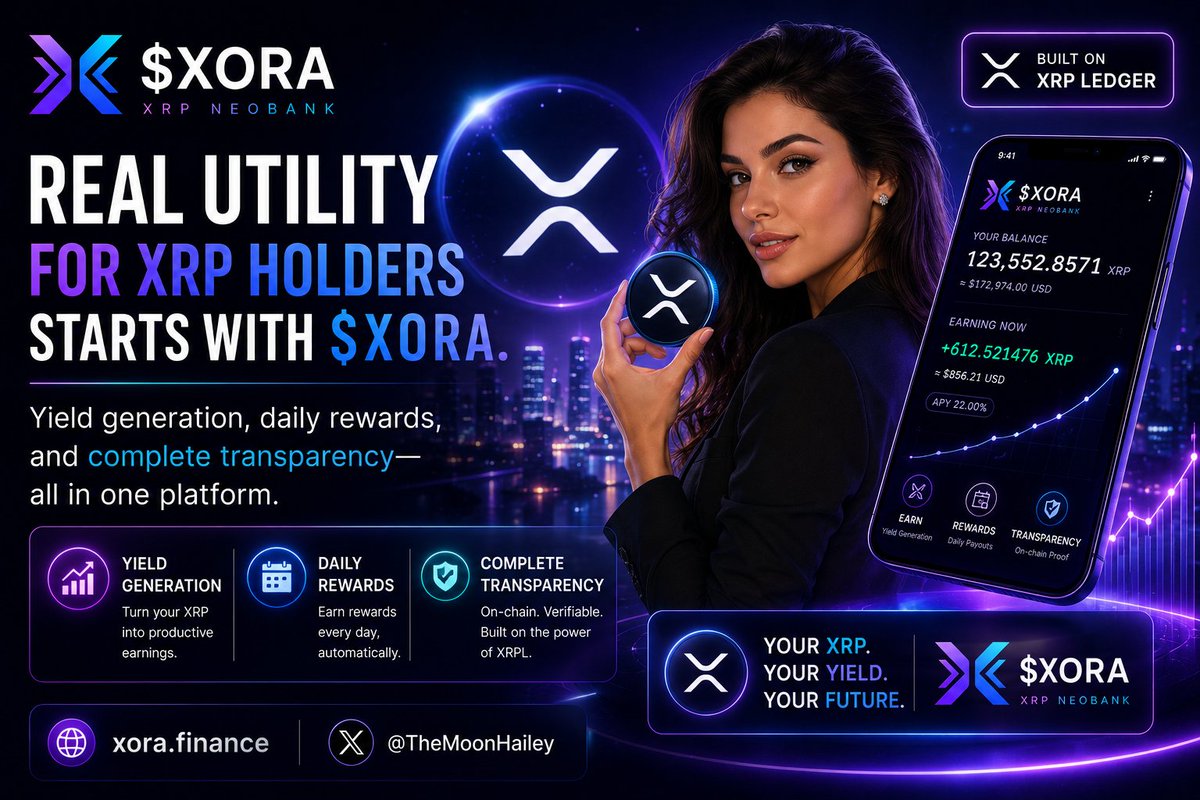 TheMoonHailey's tweet photo. Real utility for XRP holders starts with $XORA.

Yield generation, daily rewards, and complete transparency—all in one platform. @xora_finance

🌐 https://t.co/G3VOIB9W0R

#XORA #XRP #XRPL #Web3 #Crypto https://t.co/IrW9kXxtAa