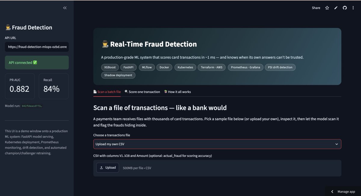Adeboss02's tweet photo. My fraud model catches 84% of fraud on its own data.

fed it transactions from a different source: 6%. zero errors. completely silent failure.
so I built the system that catches this: PSI drift detection, auto retraining, shadow deployments.

live demo: https://t.co/cjxY4kqVVy https://t.co/xSzQ3W9xNr