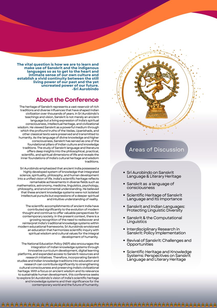 Drkktripathy's tweet photo. World Sanskrit Day, 28th August, 2026
International Conference on Sri Aurobindo’s Vision of India’s Scientific Heritage and Knowledge Systems: Perspectives on Sanskrit Language, Literature, and Cultural Heritage. https://t.co/6a34PZ0uwX