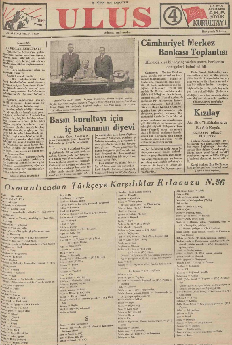 SMEYDAN's tweet photo. Atatürk, 94 Yıl Önce, 12 Temmuz 1932’de Türk Dil Kurumunu kurdu.

"Türk dili, dillerin en zenginlerindendir; yeter ki bu dil şuurla işlensin. Ülkesini, yüksek bağımsızlığını korumasını bilen Türk milleti, dilini de yabancı diller boyunduruğundan kurtarmalıdır.” (Mustafa Kemal (Atatürk), 2 Eylül 1930)

Atatürk, Türkiye’nin tüm geçmişini, Türk ulusunun tarihini araştırması için 15 Nisan 1931’de Türk Tarihi Tetkik Cemiyeti’ni (Türk Tarih Kurumu’nu) kurmuştu. Bu derneğin ilk kurultayını yaptığı 11 Temmuz 1932’de aydınları Çankaya Köşküne davet etti;“Türk Tarihi Tetkik Cemiyeti gibi bir de ona kardeş dil cemiyeti kuralım. Adı "Türk Dili Tetkik Cemiyeti" olsun” dedi; derneğin tüzüğünü, kurucularını da belirledi. 12 Temmuz 1932'de "Türk Dili Tetkik Cemiyeti" adıyla Türk Dil Kurumu kuruldu.

Türk Dil Kurumu (TDK), yüzyıllarca Arapça ve Farsçanın baskısında kalıp zenginliğini ve öz güzelliğini kaybedip yok olmaya yüz tutmuş Türkçeyi kurtarıp canlandırmak için çalışmalara başladı. TDK, tarama, derleme ve türetme çalışmalarıyla bir taraftan unutulmaya yüz tutmuş yüzlerce Türkçe sözlüğü derleyip toplayıp yeniden dile kazandırırken, diğer taraftan türetme seferberliği ile çoğu bugün de kullanılan yüzlerce Türkçe sözcük türetilmesini sağladı. Gazetelerde "Osmanlıcadan Türkçeye Karşılıklar Klavuzu" yayımlandı ve yüzlerce sözcüğe Türkçe karşılıklar bulundu. Bu Türkçe sözcüklerin çoğunu bugün kullanıyoruz. (Ekteki gazeteye bakınız)

Bu dil çalışmalarına katılan Atatürk de 1937 yılında Arapça Farsça geometri terimlerini Türkçeleştirmek için bir geometri kitabı yazdı. Çok sayıda terimi Türkçeleştirdi. Bugün Atatürk'ün o kitabımda yer alan Türkçe terimlerin neredeyse tamamı kullanıyoruz. (Bkz.👇
https://t.co/uOk5O2L2eC

 "Vatandaş Türkçe konuş" kampanyaları yapıldı, ülkedeki yabancı okullara Türkçe dersi kondu, müfredattan Arapça ve Farsça dersleri kaldırıldı, din dili Türkçeleştirildi. Türk Dil Tezi geliştirildi. Bu tezi ve Türk dilinin temel sorunlarını tartışmak, Türk dilini geliştirmek için Türk Dil Kurultayları düzenlendi.  

Atatürk, Türk Tarih ve Dil Kurumlarını özellikle "dernek"  olarak kurmuştu. Bilimin özerkliği için bunu yapmıştı.  Yazdığı vasiyetnameyle bu kurumlara gelir bırakarak bu kurumların özerkliğini güvence altına almıştı. Ancak 12 Eylülcüler, 1983’te Atatürk'ün vasiyetini çiğneyerek Atatürk'ün özerk yapıda kurduğu bu kurumları devlet dairesi yaptılar; kurumlar 40 yıldır siyasetin güdümünde!