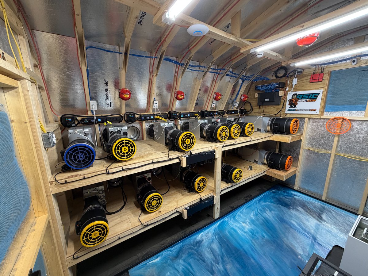HobbyistMiner's tweet photo. Good Morning Crypto Miners!  Wanted to give a HUGE Shoutout to @asicplug_  and their continued support of The Hobbyist Miner Brand!

🔗 Go Check Them Out ➡ https://t.co/0ellgZSoiF

The expansion at our Crypto Mining Compound to a second shed earlier this year, would not have been possible without their support of the channel!

📺 Watch the Full Build Video Here ➡ https://t.co/hUrVzlNRys

So what in the world are we looking at here!?

This is a 12 x 12 shed built by a local Amish company. I had used them for many other projects and sheds, so I was able to come to them with my exact specifications.  We made the side walls a little bit taller to support lots of room inside between the shelves and units on the exhaust wall.   This also allowed me to use the same intake gable vents on the opposite wall from previous shed builds.  While floor to ceiling intake vents would be nice, I wanted to be careful with snow and snowdrift build up.

Even with that much intake surface air, more is needed.  My rule of thumb is always double your exhaust. Especially during the summer, the more surface area the better, so you will notice some larger gable vents on the doors and 1 on the back rear wall.

Each ASIC Miner has it's own dedicated @AcInfinityInc S8 800 CFM Inline Fan, airflow is pulled through the shed, acting as my cold isle.  Airflow goes through the Inline Fan, through a 3D Printed Shroud made by Fruition Design and into the ASIC Miner.  Once through the miner, through another 3D Printed Shroud and into an AC Infinity 8" Coupler, which then attachs to that Exhaust hood. There is a rear flap in the exhaust hoods, I tap that up with a self taper to cut down on airflow resistence.  Closing them when a "SLOT" is not in use to avoid backflow of hot air.  The Coupler has been a Godsend because with one hose clamps I can install and remove an entire ASIC Setup, very easy for maintenance.  (No Stock ASIC Fans, I install Dummy Plugs)

More Pictures in the Second Attached Post

While this setup is more expensive then most, it allows me to NOT have to deal with Heat Management.  In my original shed build design I went with large shutter fans and stock ASIC Fan design.  Was insanely loud for a residental area and also had issues with heat recirculing inside the shed, back into my intake side of my shed. While a HOT Box Design would have solved this, my current layout and design proved to be a better design.

The AC Infinity Inline Fans drop the DB levels down about 20 DB, but where they really shine is eliminating the high pitch "squeal" of the stock high RPM Fans. Which has allowed me to run more units, without over heating and upsetting the neighbors.  On that note, there are only neighbors to the one side of the property.  The rear has a Tree Nursery and a Farm on the opposite side.

On yeah, so for power, we are running a 400 Amp Single Phase Commercial GS1 Service.  We trenched a 500 Cable from the pole, which is on the other end of the property to this shed. About 200 Ft for those curious.  Using 4" Schedule C conduit, which was "lots of fun". On the pole PPL my power company replaced the pole and transfer with brand new larger ones.  The transformer is the largest they said they could put on a pole before talking about a ground unit at 167 KVA. Inside the shed you will notice 2 x 200amp Panels with 12 x 30amp 240V Circuits, running over 10/2 orange romex to @themeterbox watt meters and then @asicplug_ 30amp 240V locking plug PDUS. 

As for inside the shed, the shelving is designed off the ground incase of any water, leaks or flooding. The shelving I actually provide specifications to the Amish Shed Builders, letting them know each shelf needs to support 750 Pounds to be safe.  Spaced out so there is plenty of room to work.  Each 30amp x 240V PDU provides power to 2 Full Size ASIC, when at maximum density. This does break the 80% rule and it is something I actively monitor.  I'd say on average we are anywhere between 6700-6900 watts per 30amp. However myself and my electrican are comfortable with that seeing as everything is brand new from the miner all the way back to the transformer.

Dang this is a long write up ... Thanks for hanging with me.

You will notice on all intakes a blue filter.  This is a MERV6 Filter that is replaced 4 times a year.  I have found MERV6 is in that happy middle ground.  With airflow and filters it is finding that sweet spot between filtration and airflow.  While MERV3 Boars Hair Filters allow loads of airflow, you will find the inside of your shed is much dirtier. If you go with MERV8 you will find your airflow is restricted but your shed is nice and clean!  So MERV6 through my testing gave me the best of all worlds, as you don't want your miners breathing through a strawl.

If you need links to some of the supplies and items I used, you can find most of them on my website, under mining accessories https://t.co/DyagIRKiqB

Internet is nothing fancy, you don't need to go big, just reliable and stable. While Fiber would be fantastic, it's overkill for ASIC Miners at this size of an operations, plus it's not an option in my area.  I trenched 2 Cat 6 outdoor rated Ethernet Cables in conduit from the house to the first shed, goes through a switch there and then again trenched over to this shed.  I am running old switches I had sitting around, nothing fancy. Unmanaged 100 MB Switches, we all have these guys sitting around from the glory days.  I have slowly been upgrading network hardware, running a Ubiquiti UDR7 in the house and 1 U7 AP in each shed.  Just recentlly installed Ubiquiti G4 Instant Cameras.  Switches are next on the list as they go or I have a need for replacement.  Ethernet is run to 4 and sometimes 2 Port Boxes on each shelf.  So a nice simple 3 ft Ethernet cable can be run from the miner to the wall port. 

The Inline fans are wired to a Tripplite 15amp 120V PDU on the facing of those shelves. Each PDU can support up to 10 Inline fans at a Max Speed of  10 = 150W each so 1500 Watts.  Each is on their on 15Amp Circuit and I have a watt meter installed to monitor usage.

While in a perfect world, there would be this big elaborate fire suppression system in place.  I have opted to go with @efireusa Extinguisher Balls everywhere.  Above each PDU, Next to Outlets, Above the Panels, In the Center of the Shed.  These are not triggered based on heat but actually have wicks all around them and requires a flame to set them off.  

Care to see them in action, here is a video.
https://t.co/aeO3hI3DhO

What else ... Oh Immersion.  I am running 2 x @FogHashing C2 Home Immersion Kits.  Each one can support 2 Full Size ASIC Miners.  I am not fully yet, with only running a Bitmain Antminer L9 17 GH/s in one and a @canaanio A1566I in the other.  I will admit the L9 in Immersion constantly has the highest average hashrate and zero problems.  Immersion is a lot of work to get setup originally, is not much more expensive to be honest with you. But your miners are more stable, less impacted by temperature fluctuations throughout the year ... Winters at 10F and Summers at 100F. 

Ok so I think that is enough for now haha!  If you read this long your crazy!  Here is a Full Shed Playlist on Youtube where I have documented my journey, mistakes and wins with multiple shed builds.
https://t.co/2Rdl8o3LFl

If you have questions, please drop them here! It's not perfect but it works well!