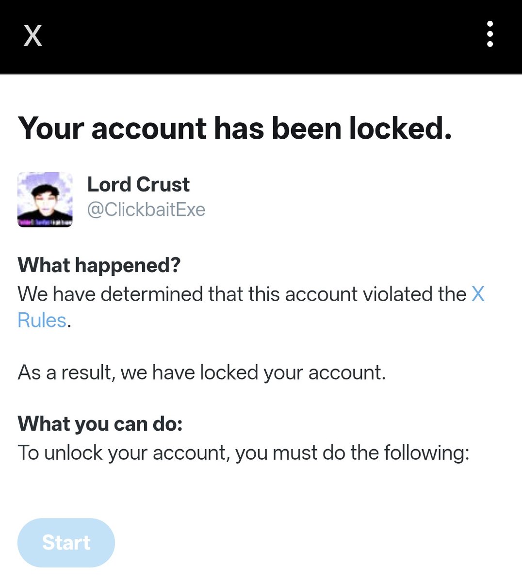 ClickbaitExe's tweet photo. Elon's dumbass anti free speech policy/ AI moderation resulted in a several day scrap over my account being locked for "being a bot."

My account is a decade old and I only post/ like posts to do with my very documentable interests.

This is a data harvesting scheme. https://t.co/1RHDdaWnNr