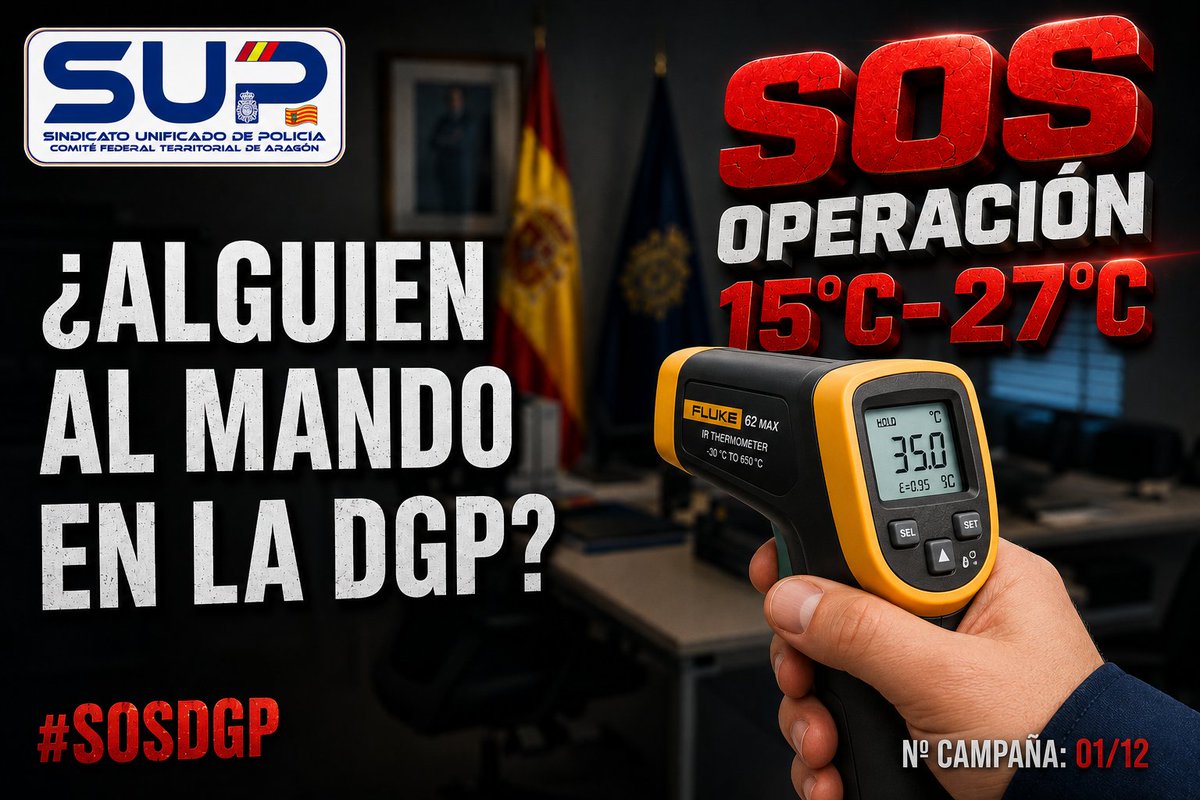 SUPZARAGOZA's tweet photo. Arrancamos la #OPERACIÓN15ºC27ºC

No es una queja, es un hecho certificado: el 100% de las dependencias de la Comisaría de San José superan el límite legal de temperatura, alcanzando picos de hasta 35 ºC.  

🆘 ¿Alguien al mando en la DGP para proteger la salud de los policías y ciudadanos?

El calor no distingue jerarquías. 

La prevención tampoco. 
#SOSDGP