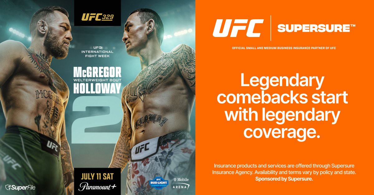 GetSupersure's tweet photo. Built for the fight ahead. Business insurance through @GetSupersure Insurance Agency.

McGregor vs Holloway. Welterweight Bout. July 11. @ufc LIVE on @paramountplus

https://t.co/9CR7lItO74 is the Official Small and Medium Business Insurance Partner of UFC.

#Supersure #UFC https://t.co/ja23vppS9I