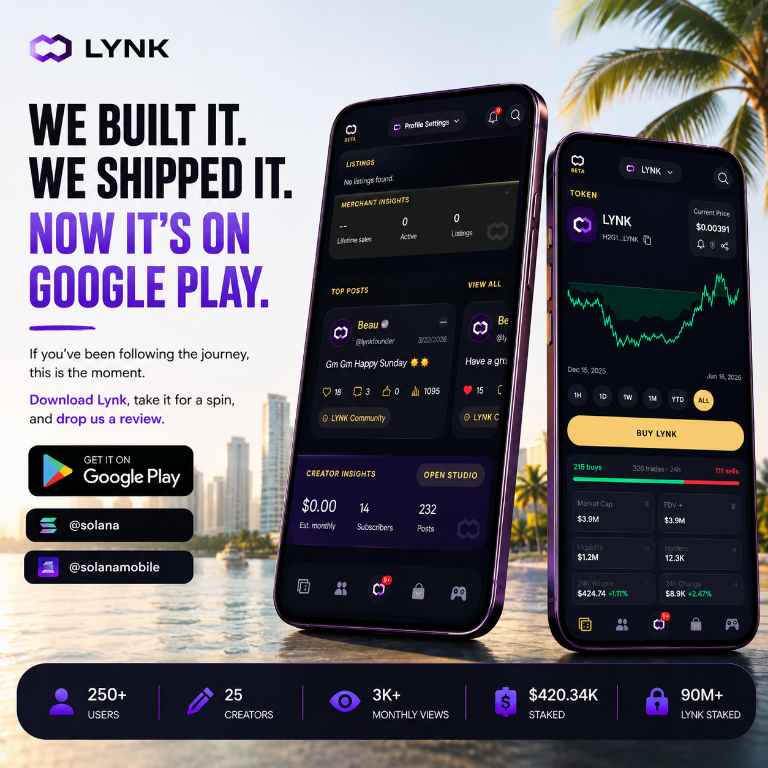 ShelbyHatem's tweet photo. We built it.
We shipped it.
Now it's yours.
LYNK is officially live on Google Play.
Download it. Explore it. Own your onchain world.

Go.

→ https://t.co/wBX7euIM2T

@LYNKTOKEN @solana @SolanaFndn https://t.co/jHrpAodXTi