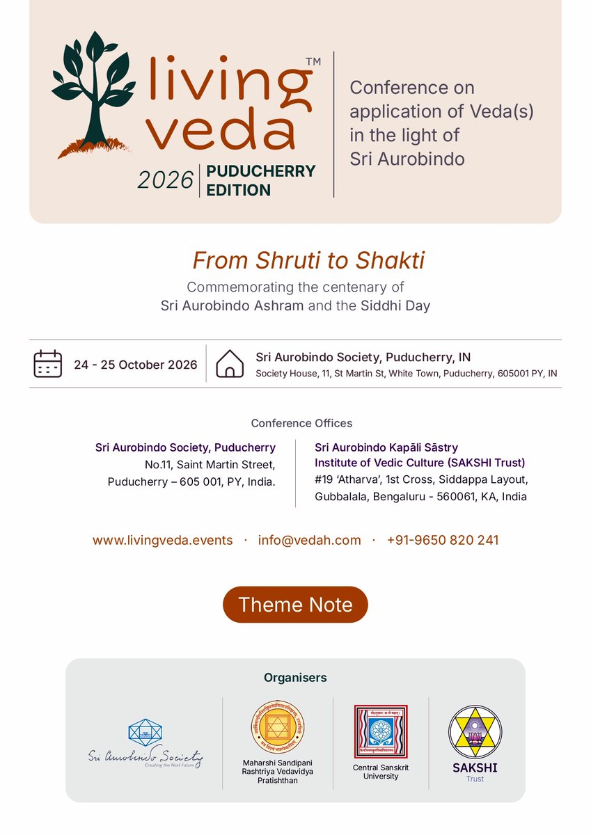 Drkktripathy's tweet photo. Living Veda 2026 International Conference on Application of Vedic Knowledge in the Light of Sri Aurobindo/Date: 24-25 October, 2026. https://t.co/fwFyZ76t11