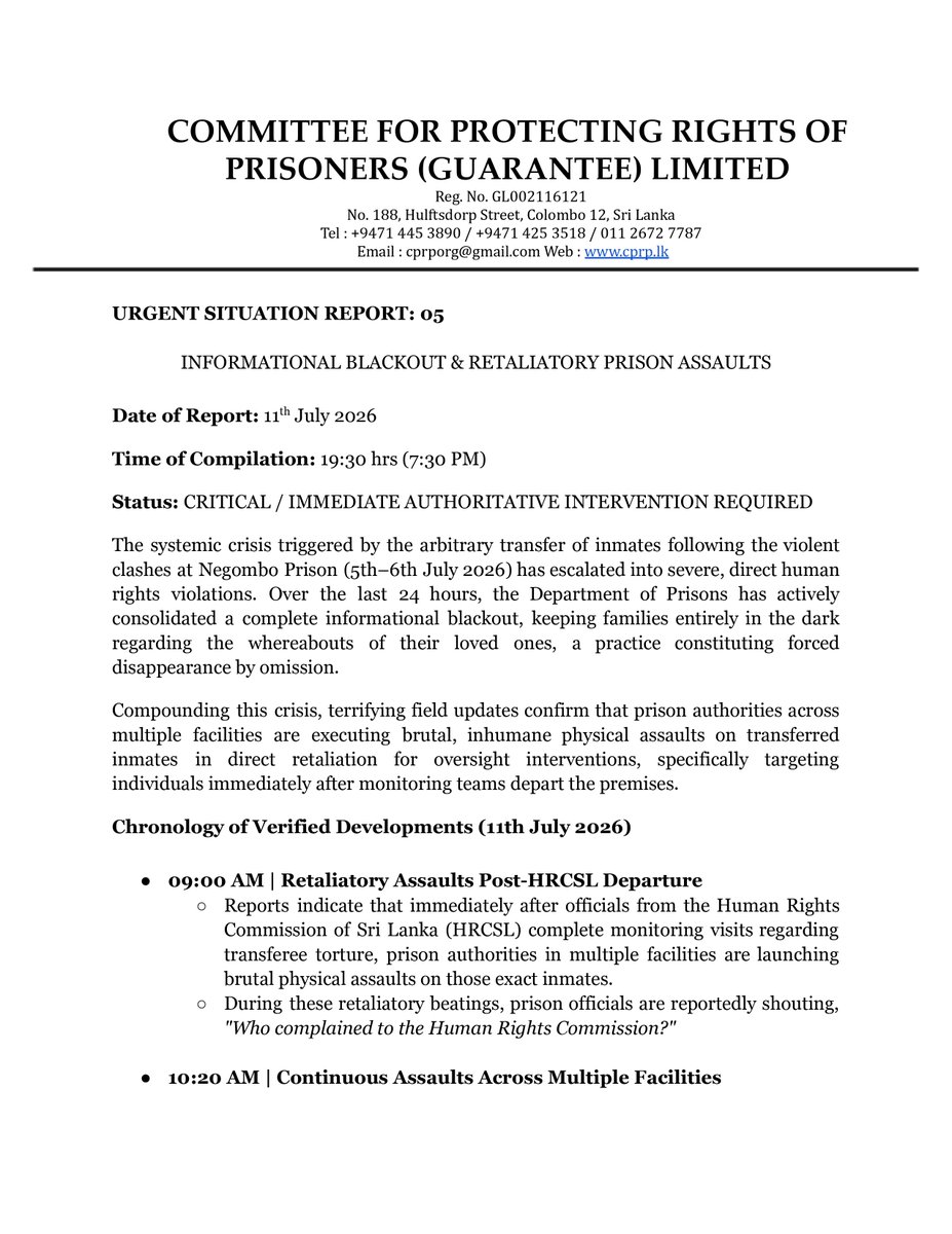 CPRPSRILANKA's tweet photo. URGENT SITUATION REPORT 05

The crisis at Negombo Prison has escalated. Over 35 families (Including Indian family)  are left completely in the dark for 5 days as a complete informational blackout is enforced.  Worse, brutal retaliatory assaults are being carried out on transferred inmates immediately after @HRCSL_SriLanka officials leave monitoring visits, with guards shouting, "Who complained to the Human Rights Commission?"  

The window to save lives is narrowing. Immediate authoritative intervention is required now!  
@santjha 
#PrisonReformSL #HumanRights #SriLanka #NegomboPrison
