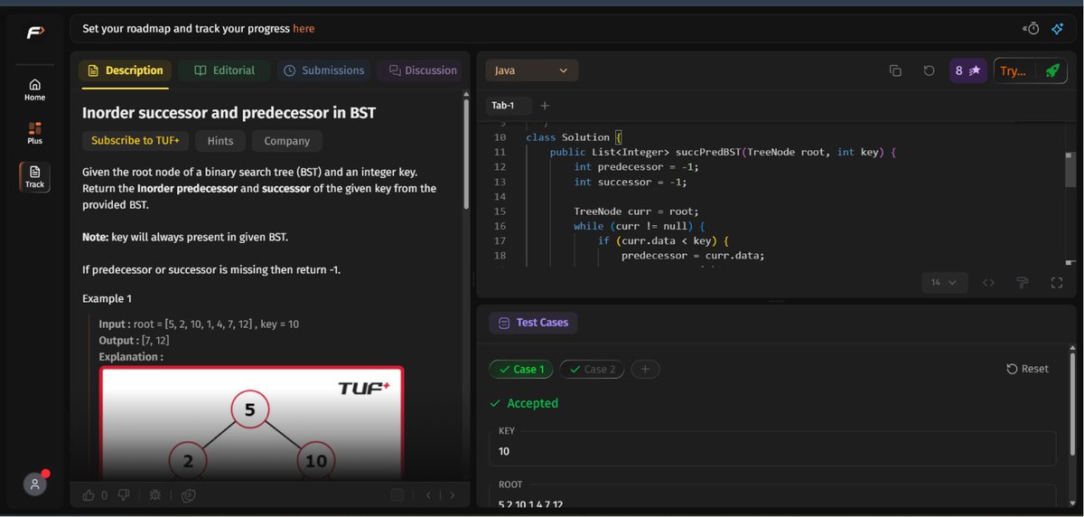 swetha_586's tweet photo. Day 41/45  #SDESheetChallenge✅

🔹 Construct BST from Preorder
🔹 Validate BST
🔹 LCA in BST
🔹 Inorder Successor &amp; Predecessor
Leveraging BST properties to solve problems efficiently.  #DSA @takeUforward_  @striver_79 https://t.co/k6FFuUFb6j