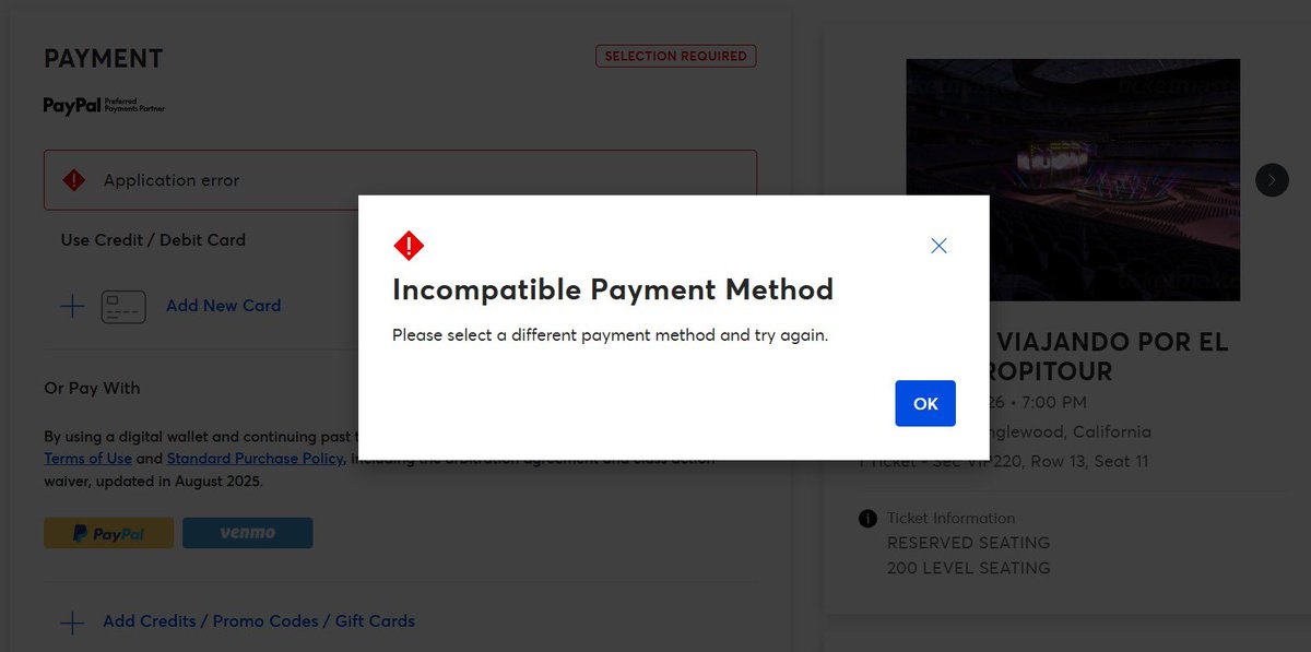 perryagentep28's tweet photo. Hi @Ticketmaster I’ve been trying for several days to buy a ticket for Karol G’s "Viajando por el Mundo TropiTour" at SoFi Stadium in Inglewood, California. I’ve tried paying with PayPal, but I keep getting an error message. What can I do? It’s the only payment method I have. https://t.co/pdJByG3bD5