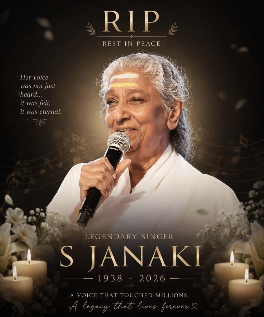 Rockfortent's tweet photo. A golden voice has fallen silent, but her melodies will live forever.

Rest in peace, S. Janaki Amma 🙏 https://t.co/zKOELjkB6v