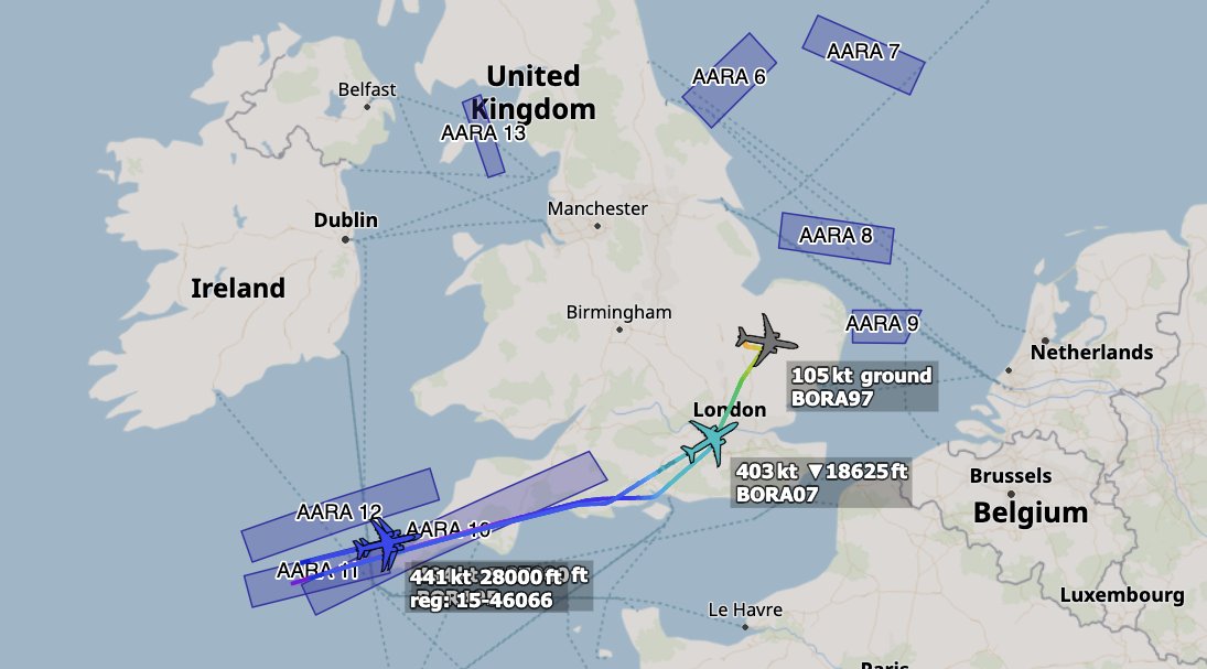 ArmchairAdml's tweet photo. #USAF United States Air Force - Coronet East
Boeing KC-46 Pegasus 6x
#AE5FA5 11-46058 - BORA 05
#AE5FA3 18-46056 - BORA 06
#AF3BCA 19-46107 - BORA 07
#AE5FAC 19-46065 - BORA 95
#AE5FAD 15-46066 - BORA 96
#AEDA22 22-46103 - BORA 97
Six KC-46 tankers are positioning to RAF Mildenhall from Lajes to support 10x "FF" F-22A Raptors back to Langley Air Force Base from RAF Fairford.
@MATA_osint @havoc_aviation