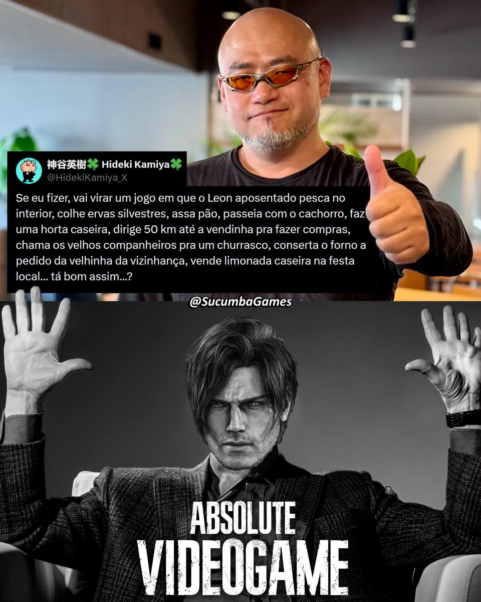 SucumbaGames's tweet photo. Hideki Kamiya, criador do Leon e diretor de Resident Evil 2, disse que se fosse desenvolver uma sequência de RE com o personagem, faria um cozy game do Leon aposentado. https://t.co/jxlVEgDKdw