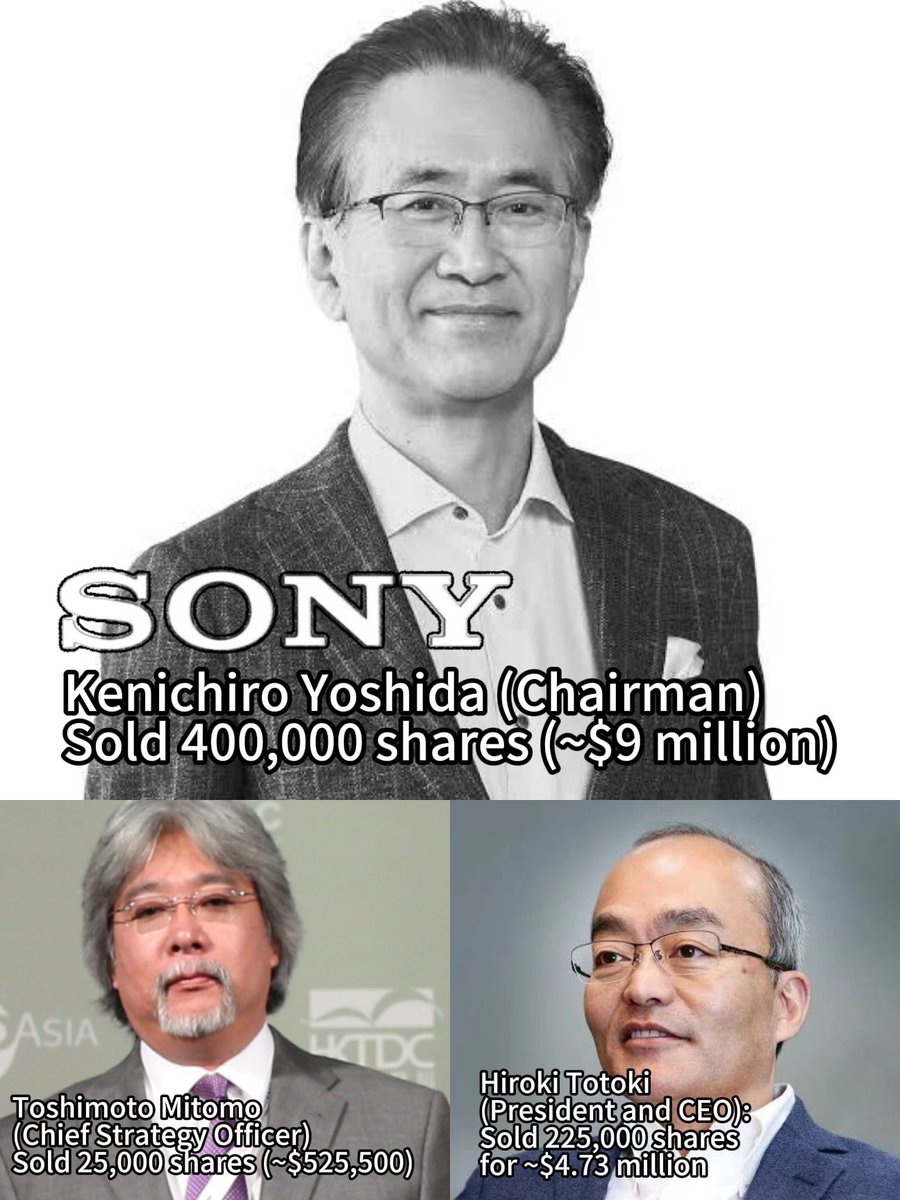 SuperSisi's tweet photo. SONY UPDATE: Multiple chief executives sold shares!

Recent SEC filings (reported in early July 2026) show multiple Sony executives - not only the previously reported Hiroki Totoki - have been selling significant amounts of SONY stock around July 3, 2026

This occurred shortly after PlayStation announced on July 1st that new games would go digital-only from January 2028.

Key Details from Reports:
•Hiroki Totoki (President and CEO): Sold 225,000 shares for ~$4.73 million ($21.02/share), representing about 56.5% of his holdings in that class (leaving ~173,250 shares)

•Kenichiro Yoshida (Chairman): Sold 400,000 shares (~$9 million)

•Toshimoto Mitomo (Chief Strategy Officer): Sold 25,000 shares (~$525,500)

•Other executives/insiders also sold shares (e.g., additional filings around that time, with total recent insider sales in the millions)

Combined insider sales around this period were reported at roughly over $10.5M by some trackers

Sources Reporting This:
•Yahoo Finance / 247 Wall St.:
•MarketBeat
•Quiver Quantitative
•TradingView