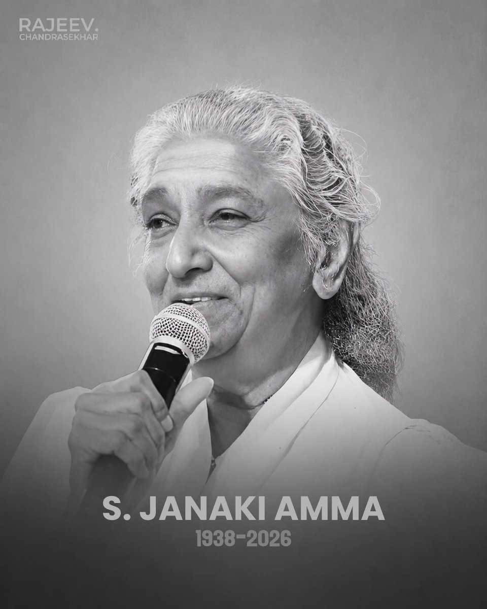 RajeevRC_X's tweet photo. The Nightingale of South India is no more 💔

Deeply saddened by the passing of legendary playback singer S Janaki Amma. 

For decades, her timeless voice transcended languages, generations, and borders. She gave life to thousands of songs that became an inseparable part of our memories and our culture.

Her extraordinary contribution to Indian music will continue to inspire generations to come.

My heartfelt condolences to her family, friends, and millions of admirers across the world.

Om Shanti. 🙏🏻