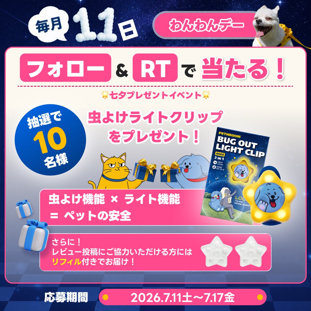 pethroom_jp's tweet photo. 🎉毎月11日は、わんわんデー！🎉

真夏のお散歩に大活躍なアイテムを
抽選で10名様にプレゼント🎁

【応募方法】
① @pethroom_jp をフォロー
② この投稿をいいね＆リ��スト（RT）
③ 「次回やってほしい企画」または「欲しい商品」をコメント！

【応募期間】
6月11日（木）～6月17日（水）23:59まで https://t.co/ff5tespODG