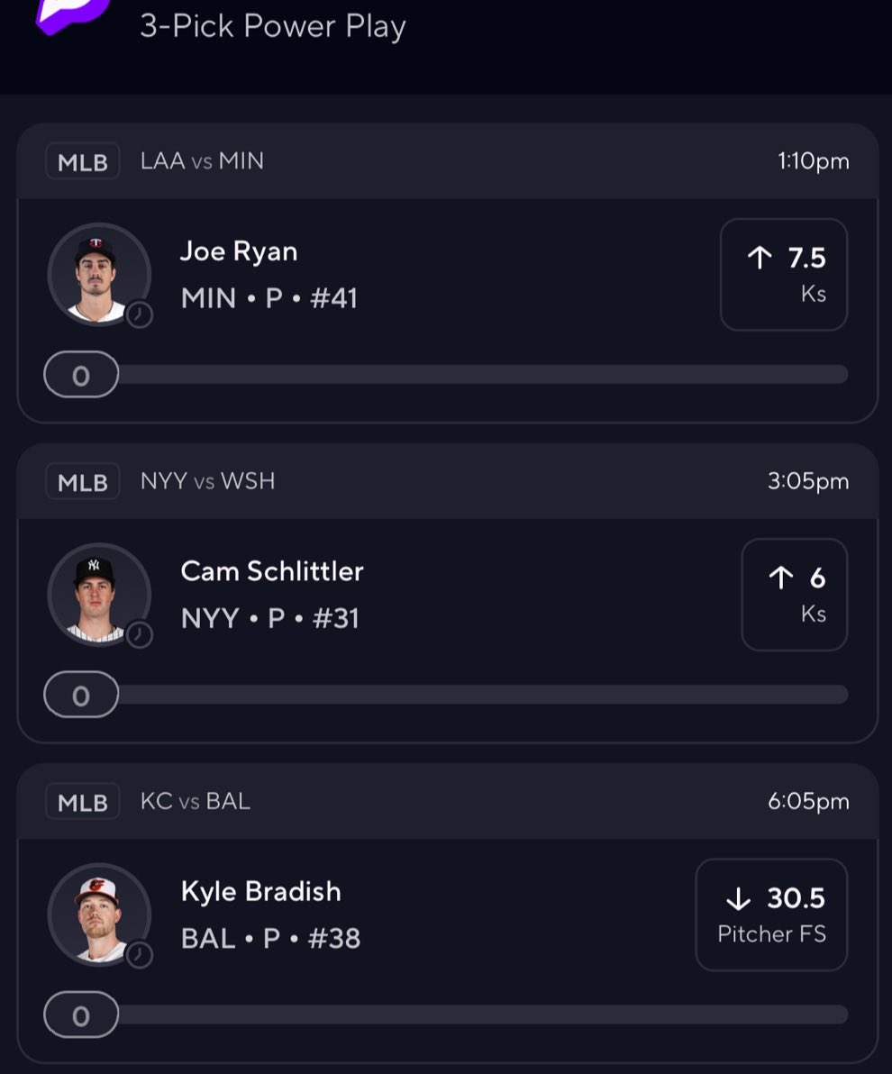 zlo_____'s tweet photo. If this doesn’t hit I’m done until after All-Star Break

3-leg parlay on PrizePicks for MLB

Joe MF Ryan o7.5 Ks

Cam Schlittler o6 Ks

Kyle Bradish u30.5 pitcher FS

We need coin respecters today. If you’ve seen my cold streak, I wouldn’t tail 😂 https://t.co/4nbHXdZ9un