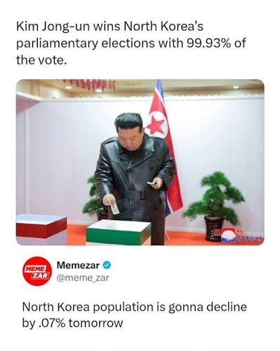 GeorgeFSinclair's tweet photo. @Jonathan_Hinder 99.93% of the public support Kim Jong-un https://t.co/9Z6WKr9uVl