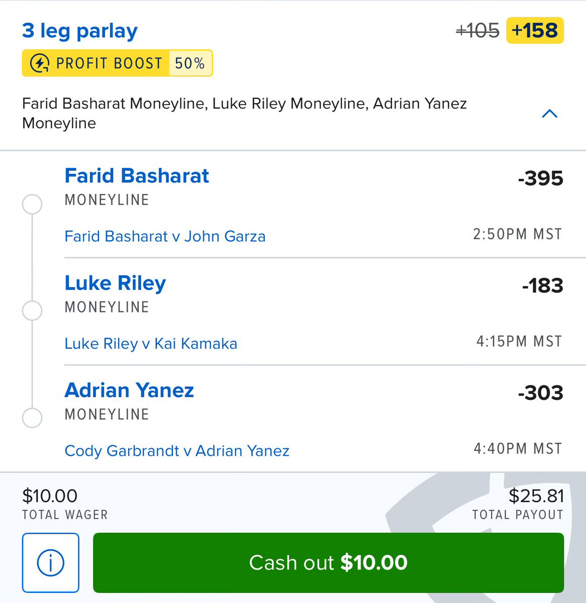 alejobets3's tweet photo. UFC parlay 

Farid basharat
Luke Riley 
Adrien Yanez https://t.co/NCav4s2v82