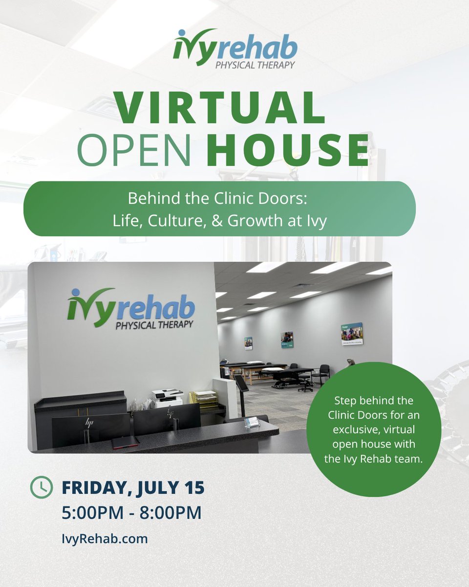 Ivyrehab's tweet photo. Step behind Ivy's clinic doors! 🚪 Join our virtual open house to explore mentorship, leadership, and #OneIvy culture. 💚 https://t.co/Qr9R2jCRUZ https://t.co/BeMvzUnsQa