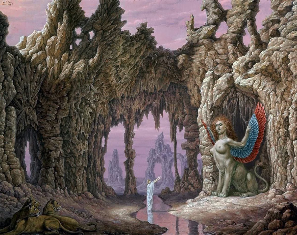nissnickmich's tweet photo. “El encuentro con la esfinge” (1975). Obra del pintor neerlandés Johfra Bosschart #arte #pintura #esfinge #edipo #mitologia #curiosidades #11julio https://t.co/Used4yO4S3