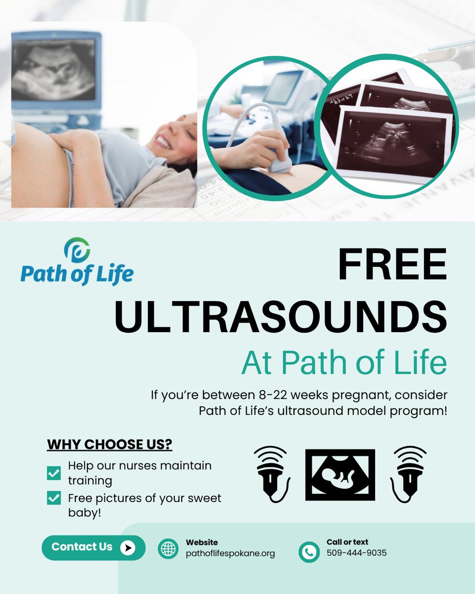 PathSpokane's tweet photo. Are you pregnant? Path of Life would love to give you some free pictures of your sweet baby! For more information about our Ultrasound Model program, text or call 509-444-9035.

#ultrasound #freeultrasound #spokaneresources https://t.co/ybp5eiyUoA