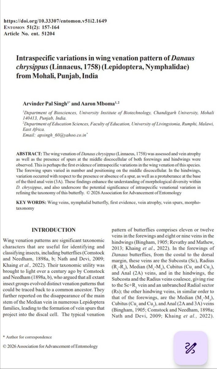 mboma_aaron's tweet photo. I'm happy to share our latest publication which records the first evidence of intraspecific variations in the venation of D. chrysippus. These variations are of taxonomic importance vis-a-vis the genus. 
https://t.co/UlXhU1E9Rt https://t.co/IR09IfAlie