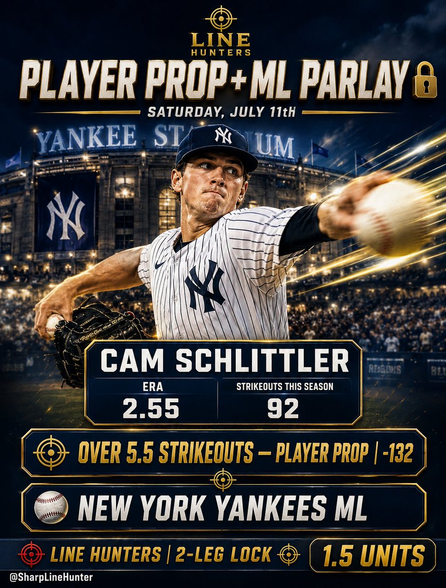 SharpLineHunter's tweet photo. 🔒 2-LEG PARLAY — SATURDAY LOCK
🎯 Schlittler Over 5.5 K's (-132) — 2.01 ERA vs a lineup bottom-3 in K rate
⚾ Yankees ML — back the ace, back the team
Correlated &amp; locked in. 1.5U 💰
#LineHunters #MLB #Parlay https://t.co/VJucYfGSqt