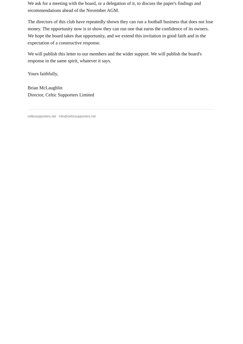 celticCSL's tweet photo. On the 9th June 2026 we wrote an open letter to the board of @CelticFC Plc.

We asked for one thing: a meeting. Us, or a delegation of the board, to sit down and discuss The Celtic Paradox, our review of the club built entirely on Celtic's own audited accounts, ahead of the AGM.

We said we would publish their reply, whatever it said.

A month on, there has been no reply. No, yes, no no, not even an acknowledgement.

So here is the letter, in full. Read it and judge for yourselves.

We are supporters and shareholders asking, in good faith, for a conversation about the club we all own a part of. That should not be too much to ask.

#CSL