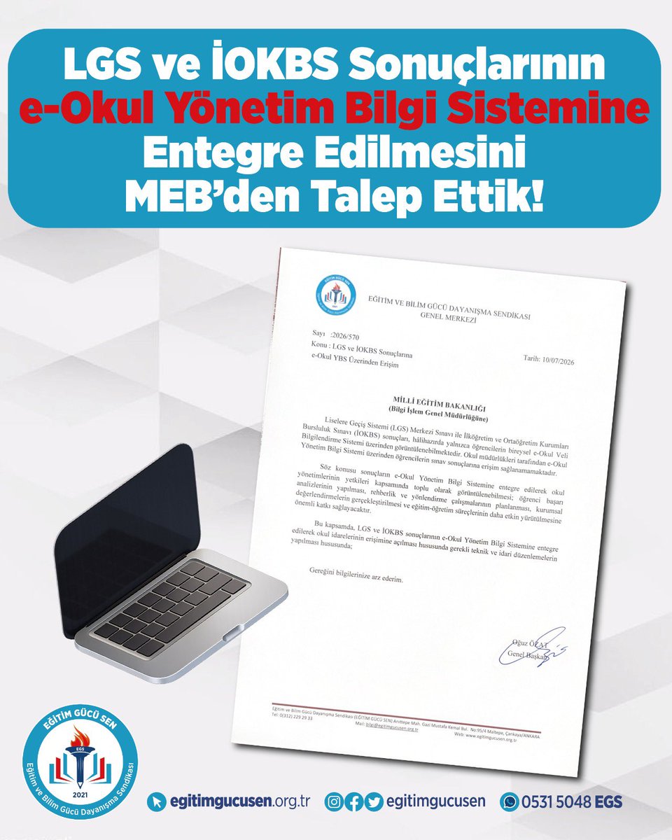 egitimgucusen's tweet photo. LGS ve İOKBS sonuçlarının, e-Okul Yönetim Bilgi Sistemi üzerinden okul idarelerinin erişimine açılmasını talep ettik.

Okul yöneticilerinin kendi öğrencilerine ait sınav sonuçlarına erişebilmesi; başarı analizlerinin yapılmasını, rehberlik ve tercih danışmanlığı süreçlerinin daha sağlıklı yürütülmesini ve eğitim-öğretim faaliyetlerinin veriye dayalı planlanmasını sağlayacaktır.

📌 Detaylar için web sitemizi ziyaret edebilirsiniz.

🔗https://t.co/4MQ11iw0OC