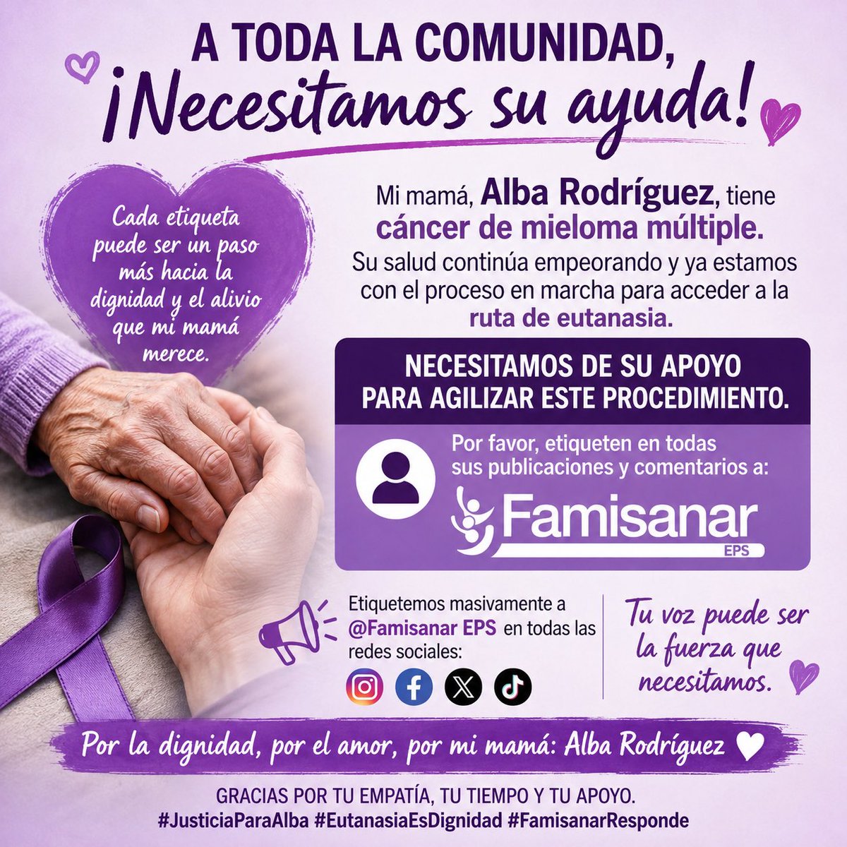 jmanuel41's tweet photo. Mi mamá, Alba Rodríguez, tiene mieloma múltiple y su salud empeora cada día. Les pido que nos ayuden etiquetando a @EPS_Famisanar y compartiendo este mensaje para que el proceso de la ruta de eutanasia avance con la urgencia que merece. Gracias por su apoyo. ❤️

#JusticiaParaAlba https://t.co/BiQtYLfW6X