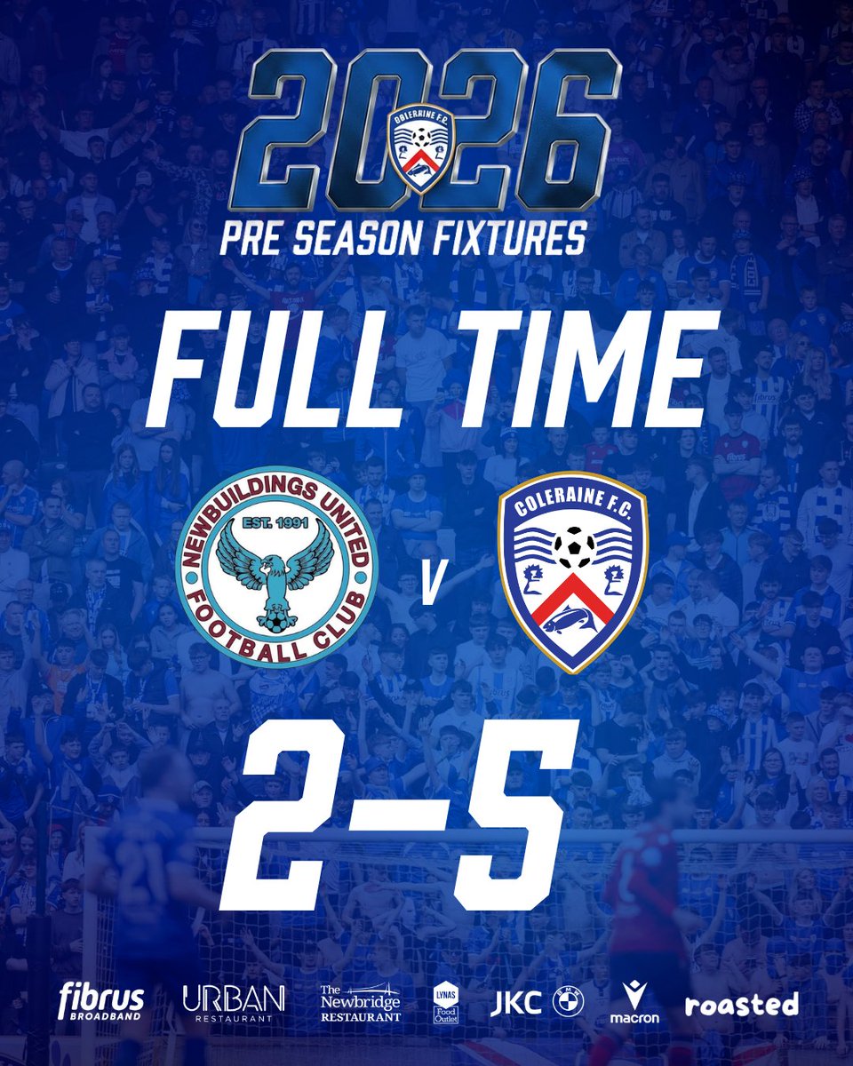ColeraineFC's tweet photo. FULL-TIME: Newbuildings United 2-5 Coleraine

The second pre-season victory of the day as Shevlin (2), Stewart, Kane and Coyle are on the scoresheet.

A massive thank you to Newbuildings United for their hospitality and we wish you well for the upcoming season.

#PreSeason #COTB https://t.co/8qoMVhth3o