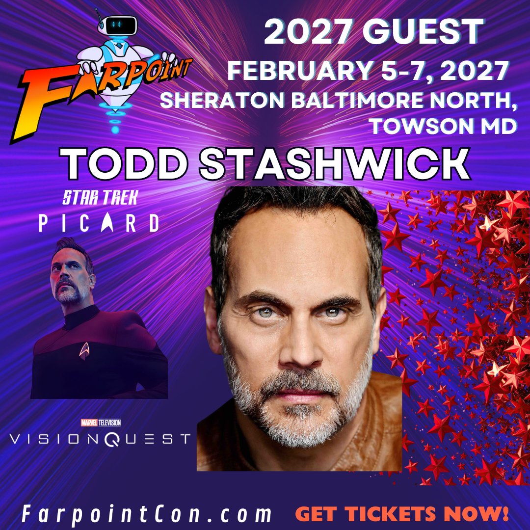 FarpointCon's tweet photo. Announcing Todd Stashwick as our next Headline Guest for #FarpointCon2027! Todd is known as Captain Liam Shaw in Star Trek: Picard &amp; he will be playing Paladin in Marvel's VisionQuest on Disney+. He also played Dr. Drakken in the 2019 live action Kim Possible movie for Disney! https://t.co/hKpRZmXyAO