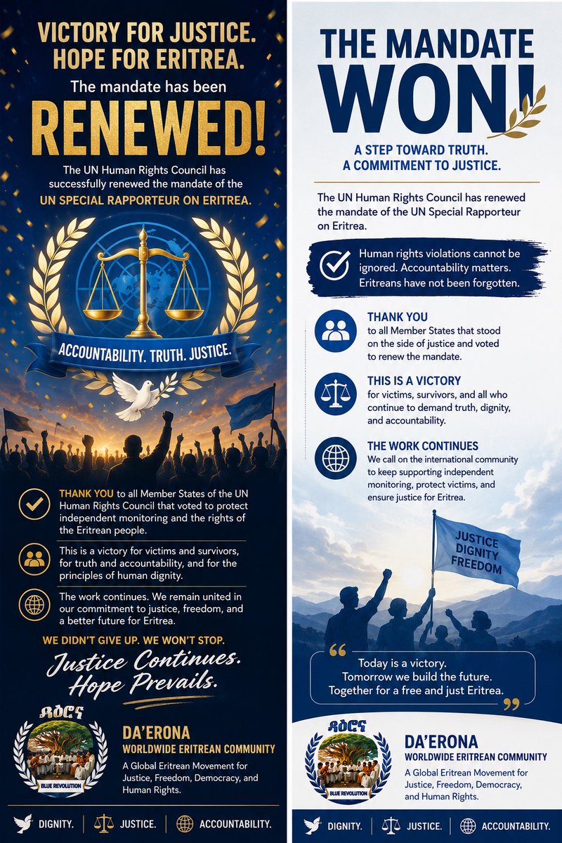 NhameduBrg3298's tweet photo. Today we celebrate the renewal of the UN Special Rapporteur’s mandate on Eritrea. Tomorrow we continue working for accountability, democratic change, and respect for human rights. The #BlueRevolution is a movement for hope and justice. @UN_HRC @hrw #JusticeForEritrea @UN https://t.co/L83qgtA5Eo