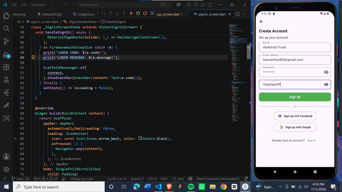 Eleniyan006's tweet photo. Just integrated Firebase Authentication into my food delivery app ExpressFeast 🚀
Users can now sign up and log in with email/password, with proper validation and smooth navigation.
Getting closer to a production-ready app 🔥
#FlutterDev #Firebase #BuildInPublic #MobileAppDev https://t.co/cseF2bwgyd