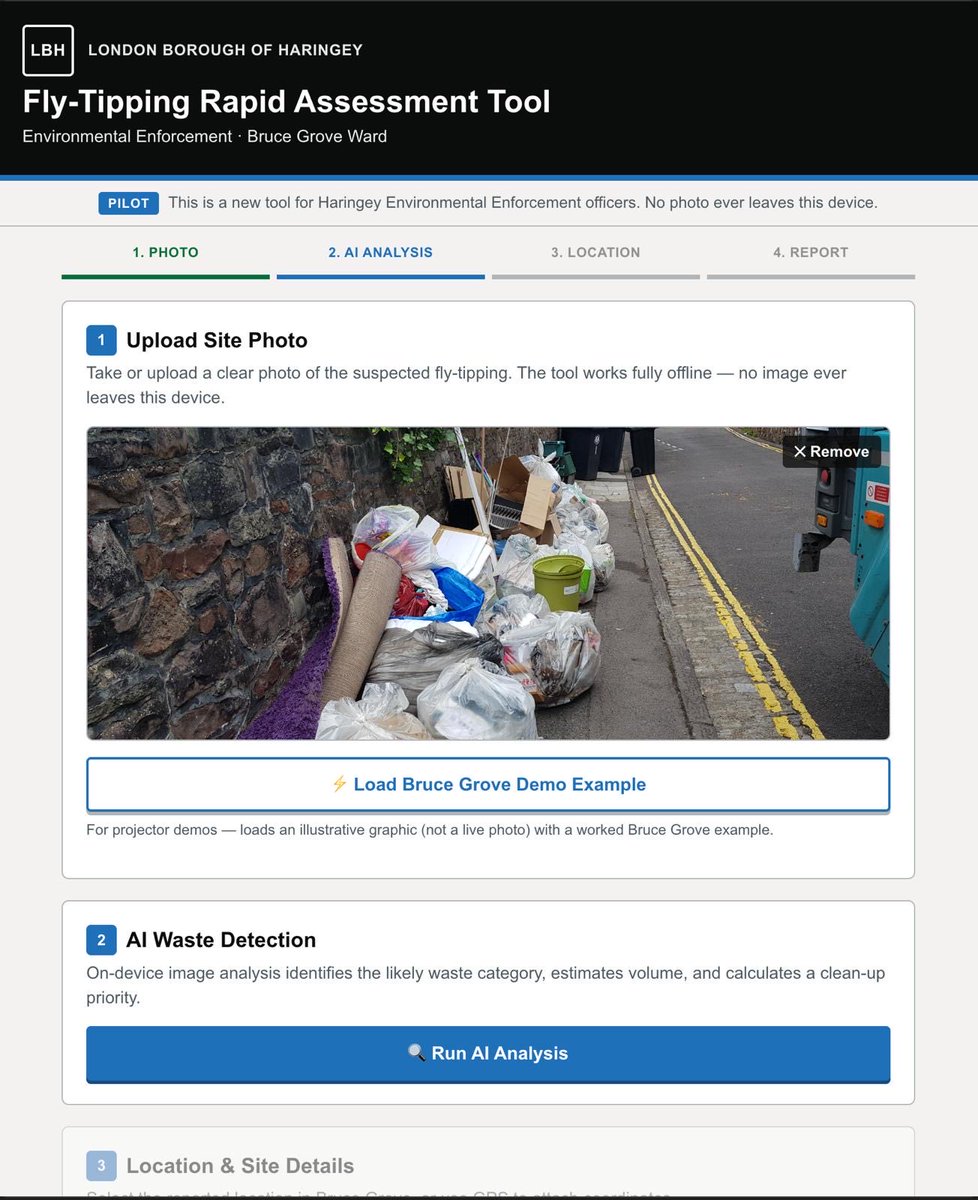 bimadewale's tweet photo. Built a Fly-Tipping Raid Assessment Tool for Haringey Council. Officers snap a photo and get on-device AI waste ID, priority, GPS, and an FPN-ready cleanup report—offline, no uploads. Built in 3 days after the Age of the Agent workshop by @thehiramINT &amp; @jalaal_tweets 👇 https://t.co/4H3FiySqmF