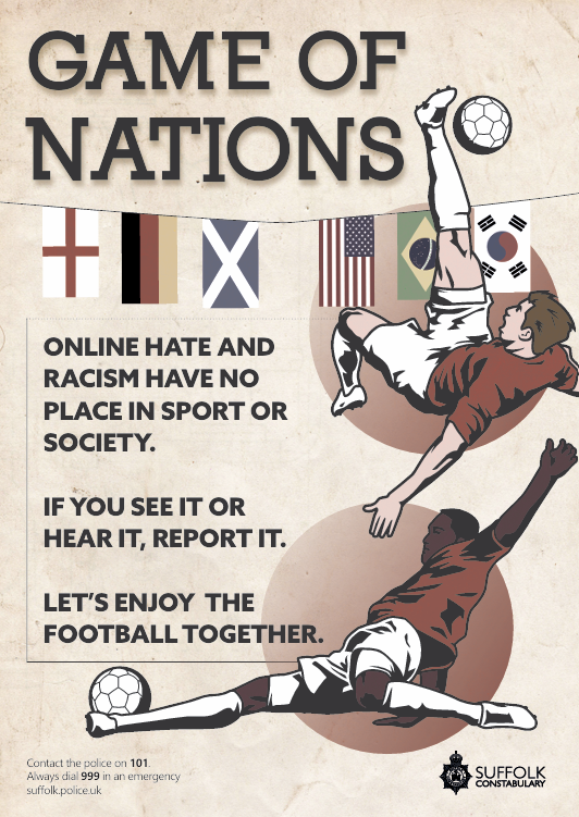 SuffolkPolice's tweet photo. No matter the result there’s no place for hate or abuse. Let’s enjoy the football together. Stay safe and celebrate responsibly. https://t.co/1Z7mofU7jK