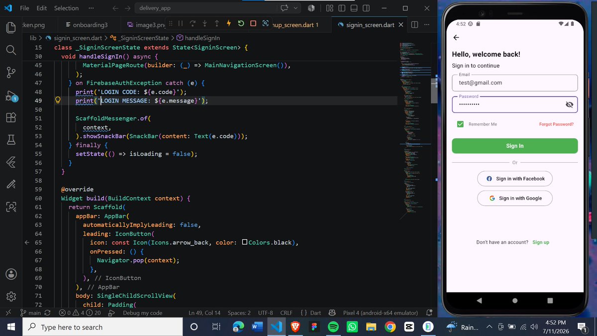 Eleniyan006's tweet photo. Just integrated Firebase Authentication into my food delivery app ExpressFeast 🚀
Users can now sign up and log in with email/password, with proper validation and smooth navigation.
Getting closer to a production-ready app 🔥
#FlutterDev #Firebase #BuildInPublic #MobileAppDev https://t.co/cseF2bwgyd