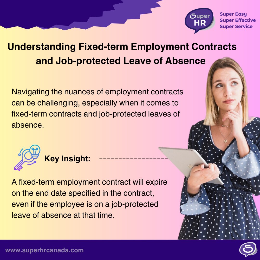 SuperHRCanada's tweet photo. Navigating the nuances of employment contracts can be challenging, especially when it comes to fixed-term contracts and job-protected leaves of absence. #SuperHR #Employment #compliance #contract #HRsupport https://t.co/njjyEXlAat