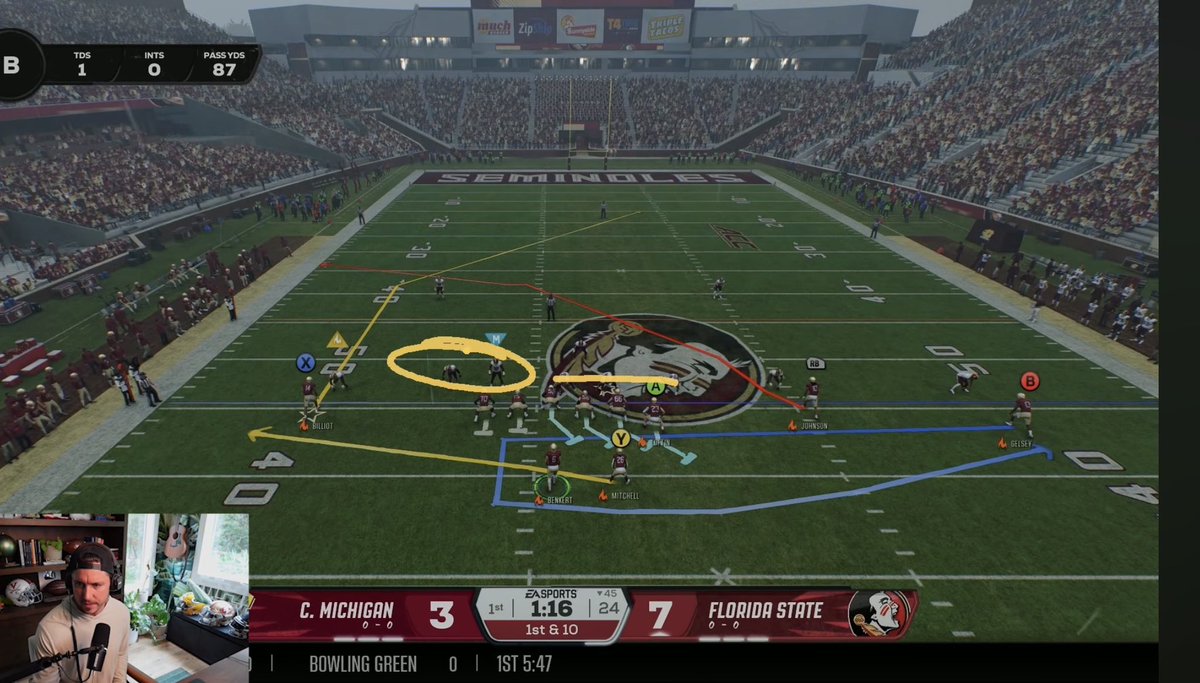 KurtBenkert's tweet photo. I’ve had a lot of questions about offensive line blocking in CFB 27

1. Stay in the core of the pocket and use slight movements IN the pocket to get to soft spots.

2. Use RB’s and TE’s in pass pro and / or have them chip release.

3. Half slide to the 3 tech or the heavier part of the D Line. And understand that that will leave 1 person 1 on 1 at least man blocking.

4. Establish the run. Don’t let them always guess pass on you. If you see 2 high shell and light box - RUN the ball.

5. Un target user defenders that play in the box.

6. If there’s a monster ruining your game, half slide TOWARDS him AND double team him.

Hope it helps