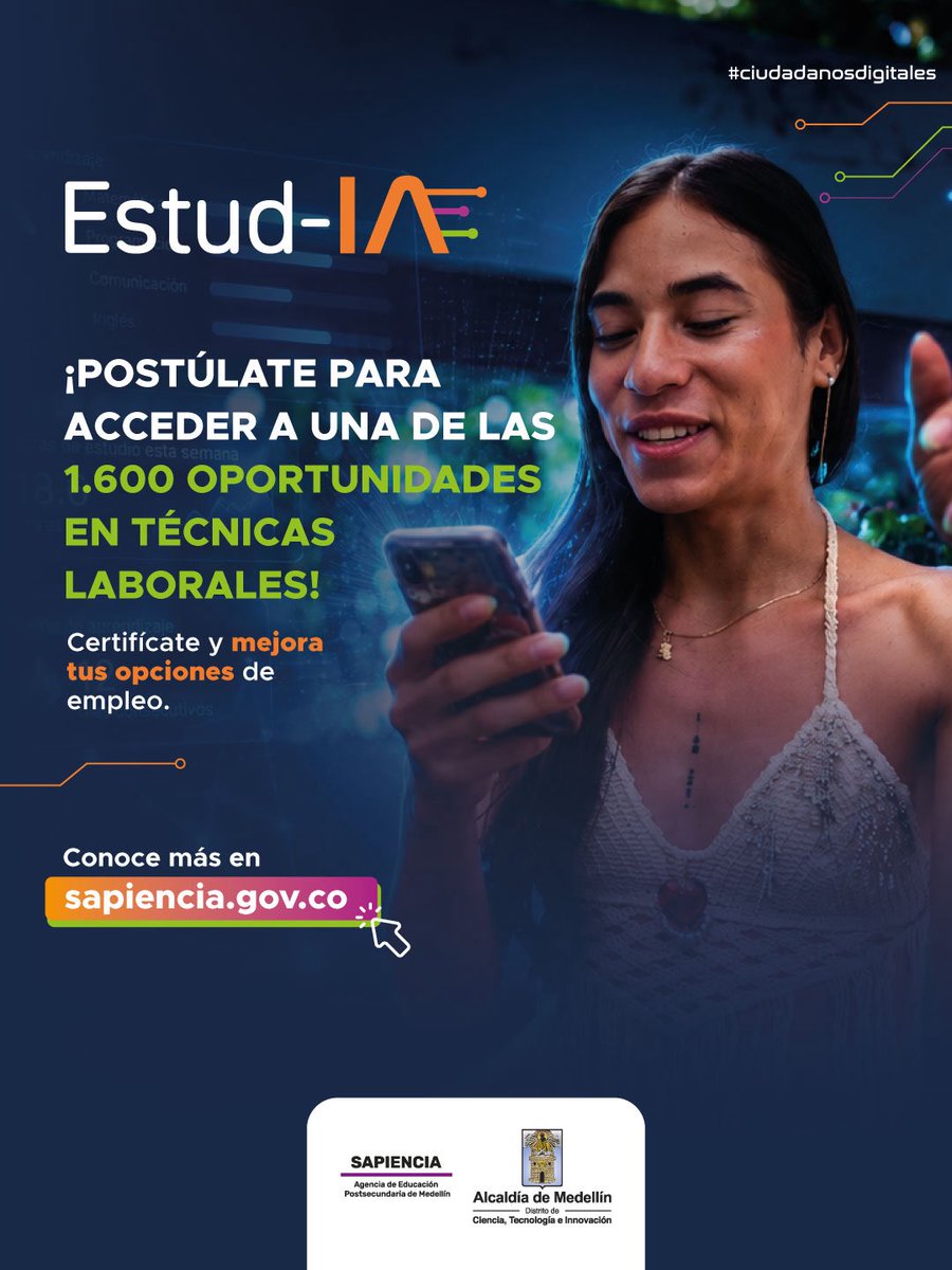 SapienciaMed's tweet photo. ¡Postúlate a Estud-IA y fórmate en una técnica laboral presencial SIN COSTO! 🎓

Obtén una certificación que fortalezca tu perfil y te ayude a mejorar tus oportunidades de empleo. Tienes plazo hasta el 21 de julio para diligenciar tu postulación.

Ingresa a https://t.co/YzA0zpEjkv y elige la técnica que más se ajuste a tus intereses.