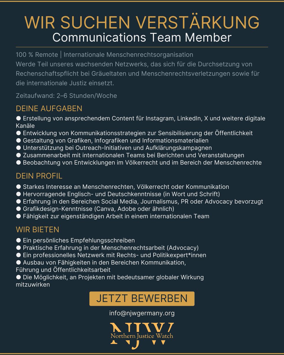 NJWGermany's tweet photo. Wir suchen Verstärkung!🌍

Alle Details zu den Aufgaben und Anforderungen findest du im Bild. 👇
📩 Bewirb dich jetzt per E-Mail oder LinkedIn: 

info@njwgermany.org

https://t.co/tjuAh0ql4X https://t.co/9WMCbNMtky
