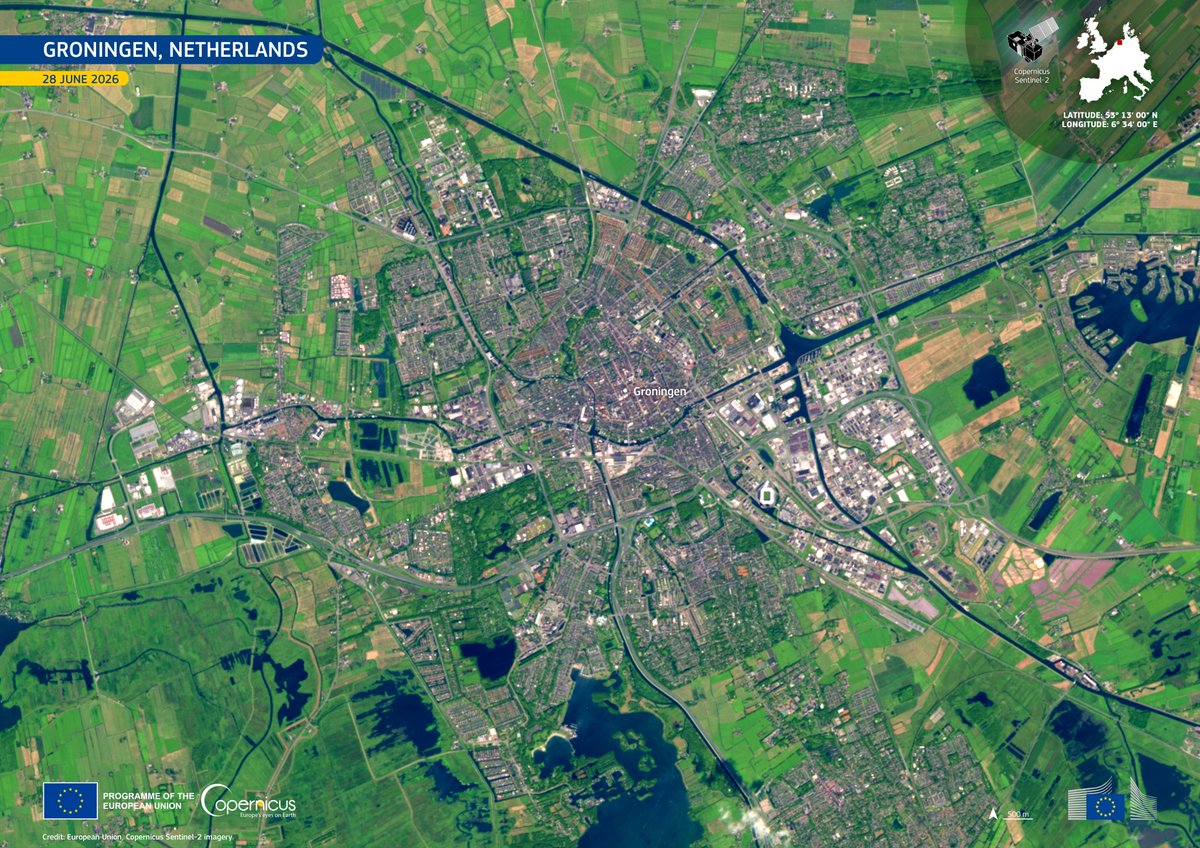 CopernicusEU's tweet photo. On #WorldPopulationDay, we spotlight Groningen π³π± - one of the NL's youngest cities.
π°οΈ This #CopernicusEU Sentinel-2 #ImageOfTheDay highlights the city's urban footprint and surrounding landscape.
π https://t.co/N5TK12myVW https://t.co/So9sZAHscO
