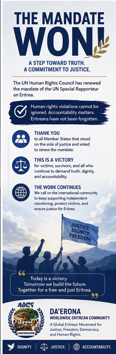 NhameduBrg3298's tweet photo. The mandate won because justice matters. This outcome reflects the international community’s commitment to independent human rights monitoring and accountability for the people of Eritrea. The struggle continues, but today is an important victory. #RenewedMandate #Justice @UN_HRC https://t.co/2ku9kqkepH