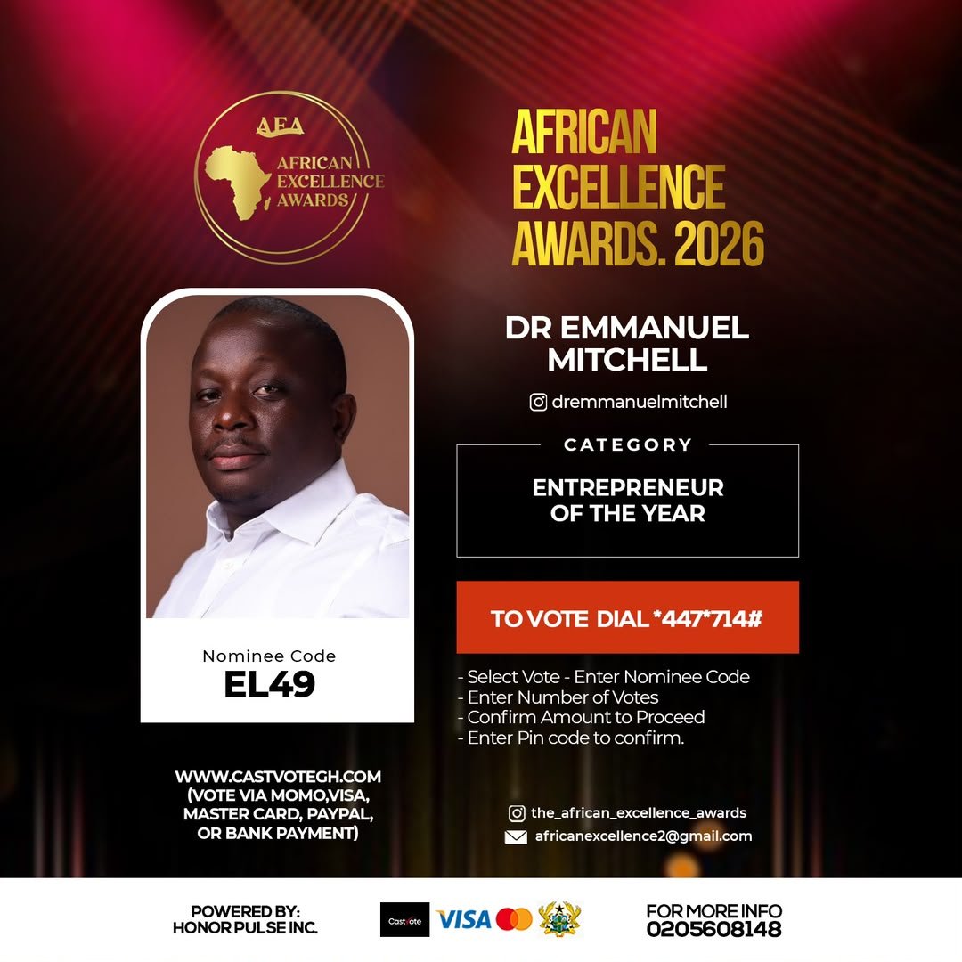 dremmamitchell's tweet photo. Dr. Emmanuel Mitchell is up for Best Entrepreneur, African Excellence Awards 2026! Kindly vote me as Best Entrepreneur, African Excellence Awards 2026. Your vote matters to me.
#awards #entrepreneur #ghana #business #africanawards https://t.co/97ihJ7Phu1
